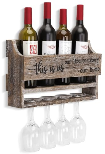 AOAOPQ Wooden Wall Mounted Wine Rack and Glass Holder Rustic Wine Display Storage Rack for Home Bar Kitchen Decor Storage Shelf with 4 Stemware Wine Glass Holder Organizer Wash Brown