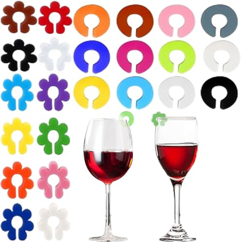 JCKD 24 pcs Marcatori Colorati in Silicone per Bicchieri da Vino, Marcatori di Vetro Riutilizzabili per la Vita Quotidiana e le Feste, Bicchieri da Champagne e Cocktail