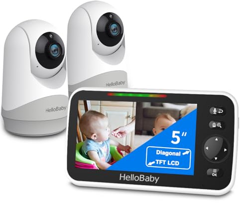 HelloBaby Video-Baby-Monitor, 5-Zoll-Split-Screen mit Dual-Kameras, Fernsteuerung Kameras mit Nachtsicht und Temperaturüberwachung, ECO-Modus, Zwei-Wege-Gespräch