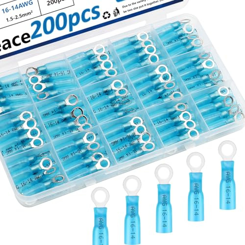 smseace 200PCS #10 Heat Shrink Ring Terminals 16-14AWG Heat Shrink Ring Connectors Waterproof Marine Ring Terminals for Automobile/Boat/Industrial Electrical Connections