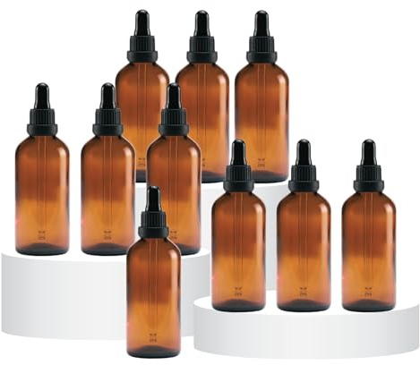 India Cosmetics Germany 10 Pipettenflaschen aus Braunglas, Apothekerflasche, Borosilikatglas, für Ätherische Öle, Aromatherapie, Bachblütenthrapie, Massage, Düfte, Labor, Kosmetik, Reisen (100ml-10)