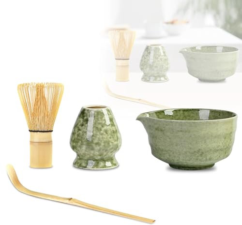 WDKXCN 4pcs Matcha Set, Matcha Whisk, Bowl, Whisk Holder, Spoon, Green, Ceramic, Japanese Style, 450ml