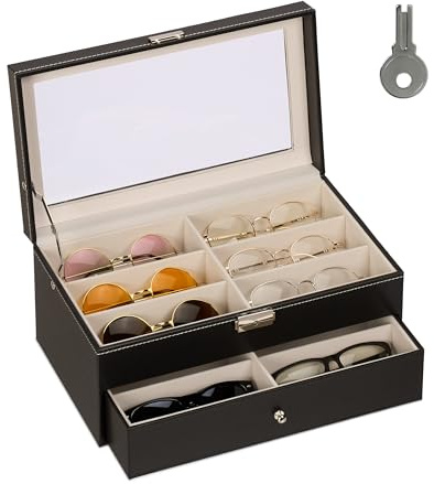 Relaxdays Brillenbox, 12 Brillen, Lederoptik, Samtbezug, Glasfenster, HBT: 15,5 x 33,5 x 19,5 cm, Brillenkoffer, schwarz