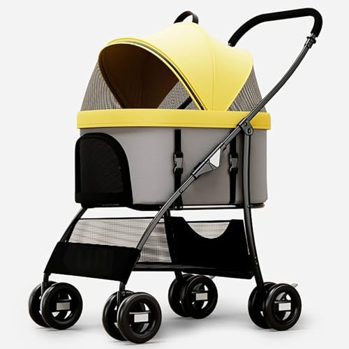 ZXDRYBHD Katzenbuggy, Hundebuggy, Haustierbuggy, Faltbarer Kinderwagen für Mittelgroße und kleine Hunde und Katzen, mit Sicherheitsgurt(Yellow)