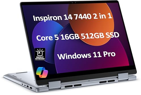 Dell Inspiron 14 7440 2-in-1 Laptop (14 FHD+ Touchscreen, Intel Core 5 120U (> i7-1355U), 16GB DDR5, 512GB SSD), for Creator, Designer, 10-Hr Long Battery Life, Backlit, Win 11 Pro w/ AI Copilot