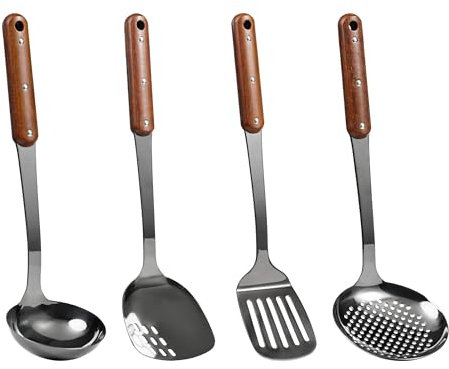 FJNATINH Wok Spatula, schiumarola, spatola e cucchiaio da wok, realizzato in acciaio inox, adatto per cucine con manico in legno resistente al calore lungo