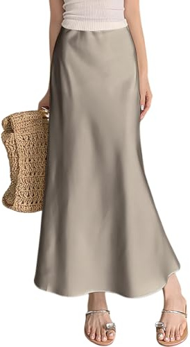 ebossy Elegante falda larga de satén de seda para mujer, cintura elástica oculta, acampanada, falda larga, Champán, XS