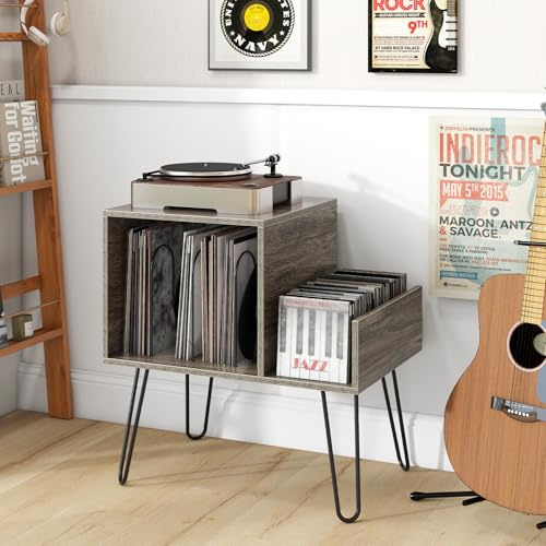 RELAX4LIFE Supporto per Giradischi con Stazione di Ricarica, Porta Vinili Vintage per 145 Album, Espositore per Dischi, Stand Tavolino per Soggiorno e Camera da Letto, 66 x 45 x 67 cm (Grigio)