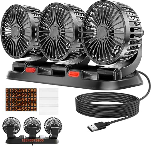 BORDEAG Auto Ventilator 12v/24v, Auto-Kühlluftventilator Dreiköpfiger, Auto Ventilator Für Rücksitz 360 Grad Drehbar Mit 2 Geschwindigkeiten Für Lkw, Lieferwagen, Suv, Wohnmobil, Boot