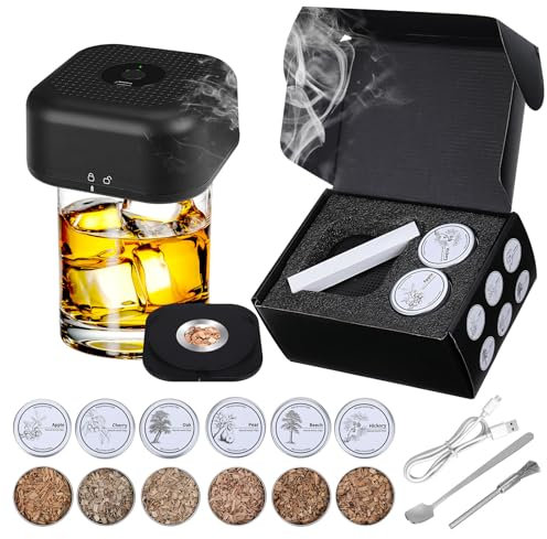 Gkstly Kit per Affumicatore per Cocktail Kit per Affumicatore Whisky da Elettrico con 6 Gusti Patatine in Legno Accessori per Cocktail Whisky Compleanno Festa del Papà Regalo per Padre Marito Ragazzo