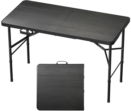 RootRise 4Ft Folding Table Portable Folding Tables Heavy Duty 400 lbs Capacity, Wood Grain Tabletop for Working Meeting Parties, Picnic, Camping, Weddings, Garden Dining-Black (4FT)