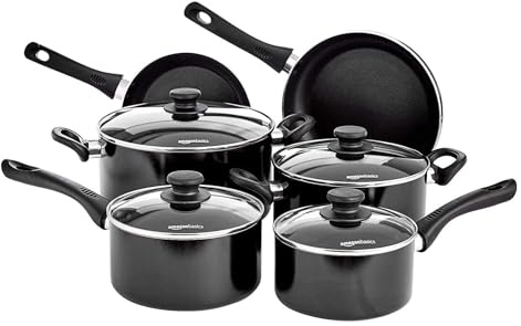 Amazon Basic sPot & Pan Sets, Ceramic Non-Stick Induction 6-Piece Cookware Set with Lids, Aluminium, Oven-Safe up to 150°C, Dishwasher-Safe