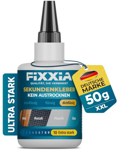 FIXXIA 50g Sekundenkleber extra stark mit innovativem Nadelverschluss, wählbar flüssig als Flüssigkleber oder dickflüssig als Glue Gel, Superkleber, Kleber extra stark, Metallkleber (dickflüssig)