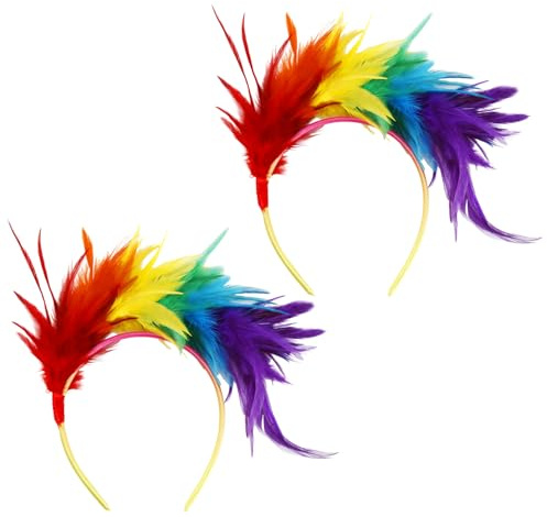 HotoPink 2 Pair Bunt Feder Haarreif Fascinator Regenbogen, Papagei Feder Kopfschmuck Haarband für Damen Men, Kostüm Accessoire für Karneval Fasching Party Pride Parade