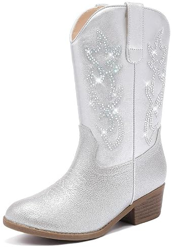 LAURMOSA Girls Cowboy Boots Mid Calf Zipper Pointed Toe Low Heel Cowgirl Boots for Little Big Kids Party Country Horse Riding