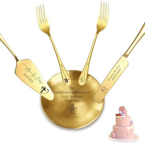 RSQGT Personalisiertes Tortenbesteck und Teller, Tortenmesser Mit Gravur Sowie Gabeln Teller, Kann Als Personalisiertes Geschenk Für Hochzeiten, Jubiläen