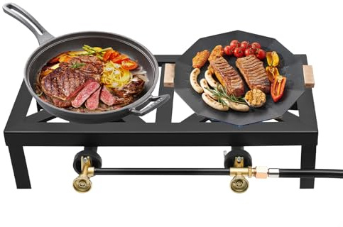 Réchaud à gaz de camping 8 kW - 2 feux - Valve de régulation de la pression (0-10 psi) avec tuyau de régulation de 1,2 m - Plaque de cuisson à gaz de sécurité - Stabilité pour camping, jardin, cour