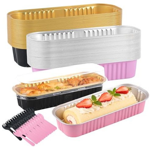 XURUIAU 50 Pack Mini Bread Baking Pans with Lids and Spoons, Reusable Rectangular Aluminum Foil Bakeware, Ideal for Desserts, Bread, Picnics, Birthday Parties, Pink and Black Gold
