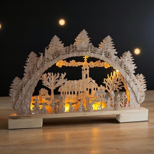 Arco di Natale in legno con 10 LED in bianco caldo, 40 x 27 cm, arco luminoso natalizio con illuminazione, funzionamento a batteria, decorazione da tavolo e finestra