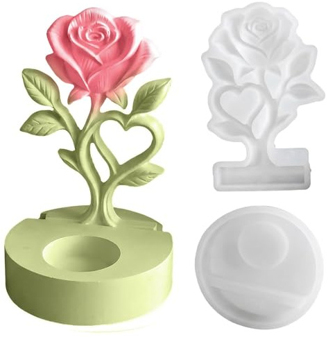 Moldes de silicona para fundición de primavera, 3D de rosa, molde de silicona con base, 2 unidades de flores, moldes de silicona para candelabros, yeso, resina epoxi, decoración DIY