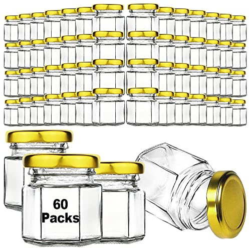 Syntic 60 Pcs Small Glass Containers with Airtight Lids, 1.5 oz Mini Honey Jars for Wedding Favor, Baby Shower, Small Hexagon Candle Jars for Making Candles, Body Butter, Jam, Spices, Herbs, DIY Gift