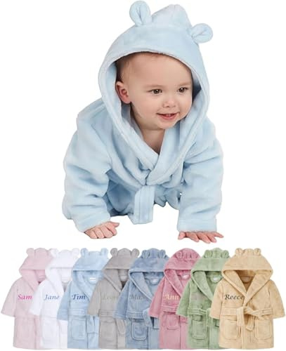 Hoolaroo Personalised Baby Dressing Gown Baby Dressing Gown Robe With Teddy Ears Bath Robe Towel Personalised Gifts Girl Boy Clothing Blue 6-12 Months