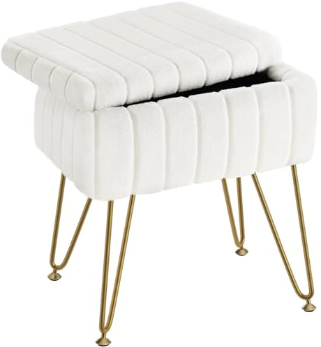 Greenstell Vanity Stool Chair Faux Fur with Storage, 15.7L x 11.8W x 19.4H Soft Ottoman 4 Metal Legs with Anti-Slip Feet, Furry Padded Seat, Modern Multifunctional Chairs for Makeup, Bedroom White