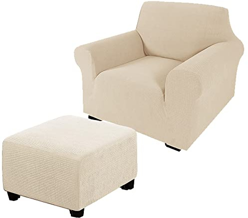 Andreannie Beige Jacquard Chair Slipcovers Armchair Sofa Covers Chair Couch Covers for Armchair Bundle Ottoman Slipcover(Beige)