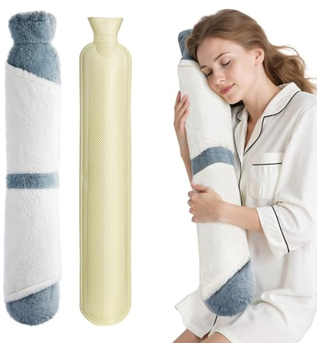 Warmwasserflasche, URBZUE Wärmflasche mit weichem Bezug, Wärmflasche lang 2L weich Hände stecken in 2 Taschen Bettflasche Gummi lange Wärmeflasche für Wärmetherapie, Nacken, Bauch, Taille