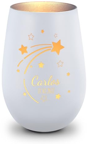 GRAVURZEILE Deko Windlicht aus Glas mit Gravur - Sternschnuppe - Personalisiert mit Namen & Datum - Weihnachtsdeko - Persönliche Geschenke für Frauen und Männer zu Weihnachten - Weiß/Silber