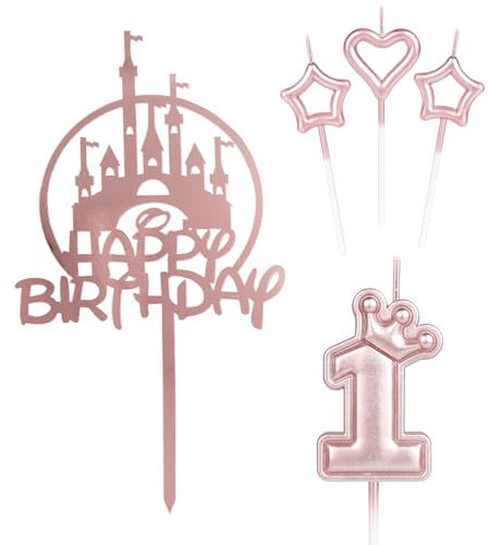 Happy 1st Birthday Candles Cake Toppers, Pink Castle Cake Topper, Crown Number 1 Candle for Cake, Pink Candles Cake Cupcake Topper for Girls Baby Birthday Party 1st Wedding Anniversary Decorations