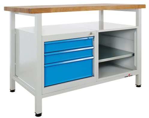 Steinbock Werkbank mit 3 Schubladen, 1 Regal- und Ablageboden | 300 kg Tragkraft | HxBxT 84 x 120 x 60 cm | Lichtblau | 4 cm Starke Holzplatte | stabiles Stahlgestell | Made in EU | Profi-Werktisch