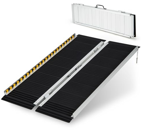 COSTWAY 3FT/4FT/5FT/6FT Wheelchair Ramp, Folding Portable Aluminum Ramp with Transition Plate and Reflective Warning Stickers, Non-Slip Threshold Ramp for Home, Steps & Stairs, 272kg Capacity (4FT)