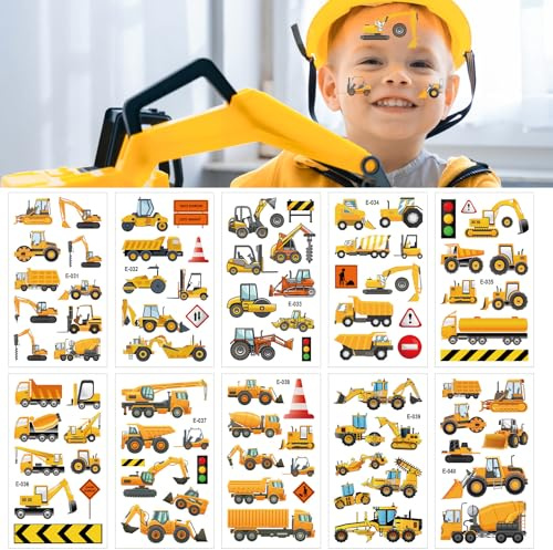 10 Blätter Bagger Tattoo Kinder, Temporäre Tattoos für Kinder, Cartoon Kindertattoos mit Bagger/Fahrzeug/Baufahrzeug/Auto, Wasserdichte Sticker Tatoos Aufkleben für Mädchen Jungen Party Spielspass