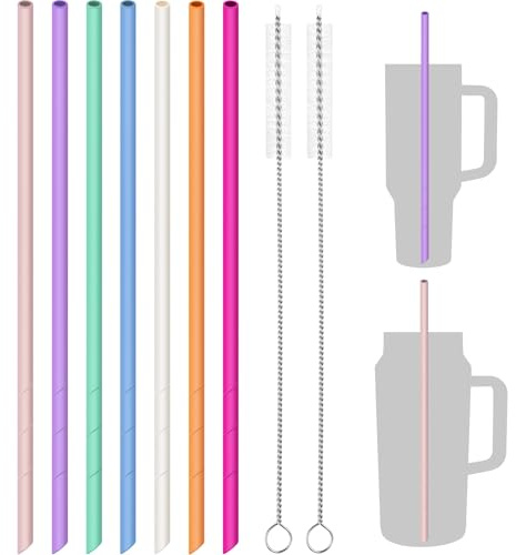 NiHome 7 Stück Silikonstrohhalme, Wiederverwendbare Trinkhalme für Stanley Becher, BPA-freies Lebensmittelechtes Silikon mit 2 Reinigungsbürsten, Anpassbare Länge& einfach zu reinigen (bunte Farben)
