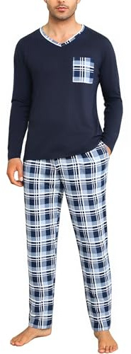 Aseniza Pigiama da Uomo Invernale in Cotone Set Pigiama Due Pezzi Maniche Lunghe con Scollo a V e Pantaloni Scozzesi con Tasche(265-Blu Scuro e Bianco,XL)