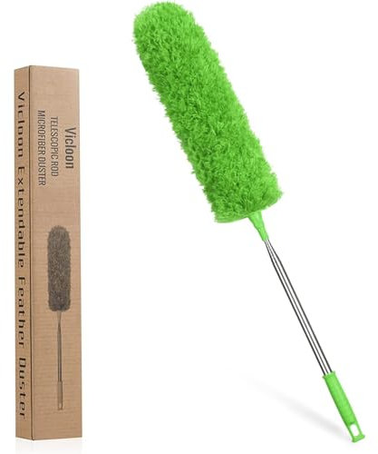 OFFCUP Feather Duster, Extendable Microfiber Duster with 96 Stainless Steel Telescopic Pole and Bendable Head, Long Handled Dusters for Cleaning Cobweb High Ceiling Fan Roof Blinds Cars (Green)