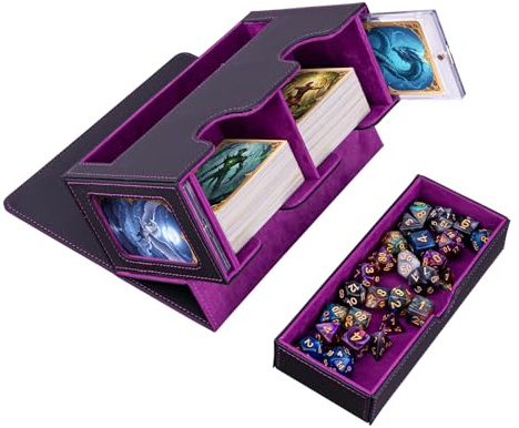 Wigearss Deck Box pour MTG, Peut Contenir Jusqu'à 300+ Cartes, avec 2 Intercalaires et Plateaux à Dés, Boîte de Rangement en Cuir PU pour Magic/TCG/Cartes à Collectionner - Violet et Noir