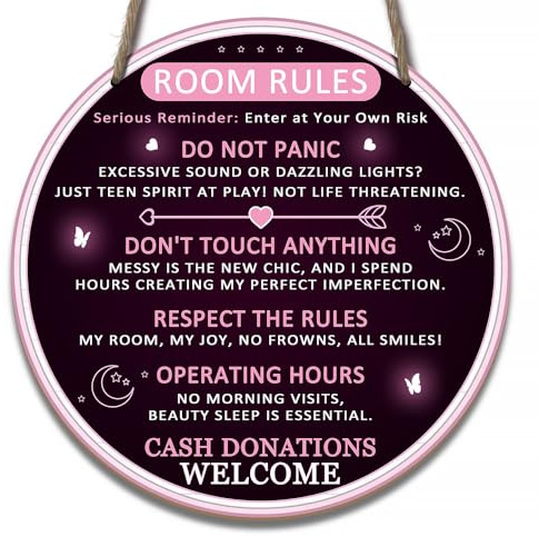 Preppy Teen Room Decor - Cute Room Rules Sign for Teen Girls, ' Enter at Own Risk' Humor Plaque Preppy Bedroom for Teens, Cute Teenage Door Sign & Fun Gifts for Birthday, Holidays (Black Room Rules)