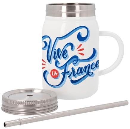 Mug Isotherme en Inox avec Couvercle et Paille - Vive La france Typographie Vintage Foot Supporter - 500 ml - Tasse Thermo