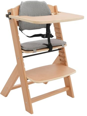 Hochstuhl aus Holz, 1-12 Jahren Treppenhochstuhl, Verstellbares Baby Hochstuhl mit 3-Punkt-Gurt und Kissen, bis 60kg, Naturholz