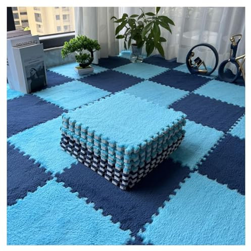hnkhpkl Bodenmatte aus dickem und ineinander steckbarem Schaumstoff – weiche rutschfeste Puzzlematte, flauschige quadratische Teppichfliesen mit 30,5 x 30,5 cm (Blau + Marineblau, 10 Blatt)