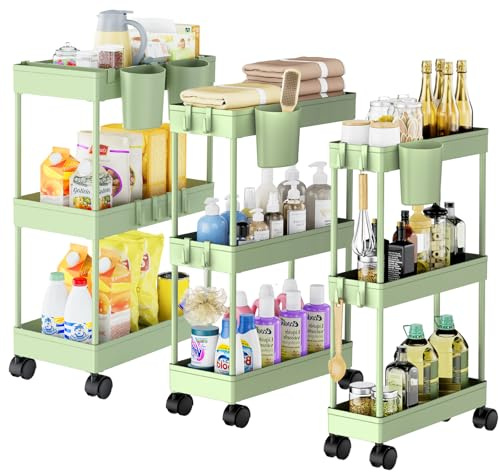 Shrivee Köksvagn med 3 nivåer, 3-pack smal badrumsvagn, rullvagn med hjul, plastkorg och metallrör för förvaring i små utrymmen, badrum, tvättstuga, kök, grön