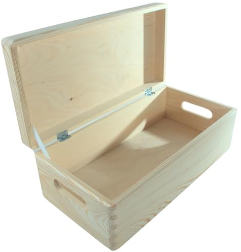 WooDeeDoo Long Narrow Wooden Storage Box with Hinged Lid - Cut Out Handles Pine Keepsake Craft Chest Underbed Organiser Unfinished DIY Gift Box Natural Wood - 40 x 20 x 14 cm