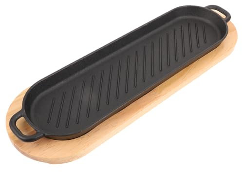 ULTECHNOVO Plancha De Hierro Fundido Para Asar Con Doble Asa y Base De Madera Sartén Resistente Para Cocinar Filetes y Pescados Bandeja De Servicio Para Carne Caliente Para Barbacoas y Reunio