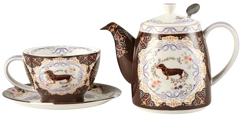 London Pottery Set di teiera, teiera e servizio per uno, in porcellana fine, con motivo animalier, tazza e piattino (cane)