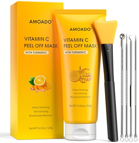 Masque Peel-Off à La Vitamine C Et Au Curcuma, Masque Anti-Points Noirs Pour Hommes Et Femmes, Masque Facial Pour Les Points Noirs, ContrôLe Des Pores Et Du SéBum Avec Extracteur De Boutons Et Brosse