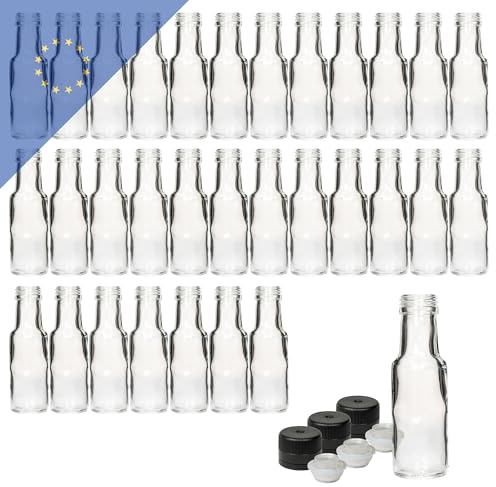 Dorica Lot de 45 bouteilles en verre de 100 ml avec bouchon en plastique noir PP31.5 et bec verseur – Idéal pour les huiles, les jus et le vinaigre – Bouteille robuste pour une longue durée de vie et