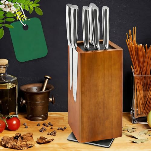 Bloc à couteaux magnétique sans couteau, rotatif à 360°, porte-couteaux en bois d'acacia, bloc à couteaux de qualité supérieure, organiseur avec insert à poils, porte-couteau pour couteaux, 11 x 11 x