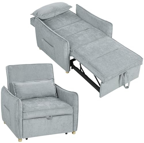 HOMCOM Poltrona Letto Singolo 3 in 1 Pieghevole, Schienale Regolabile 3 Posizioni, Seduta Ampia, Cuscino Sfoderabile, Divano Letto Trasformabile in Ciniglia con Ruote, Tasche, 88x84x87cm, Grigio